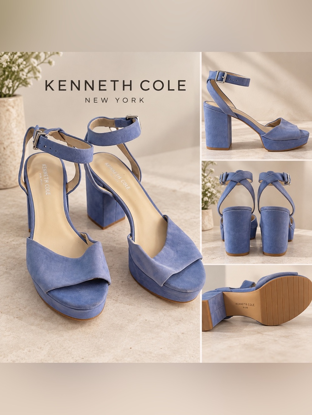 Kenneth Cole New York Blue Suede Platform Block Heel Sandals 8.5